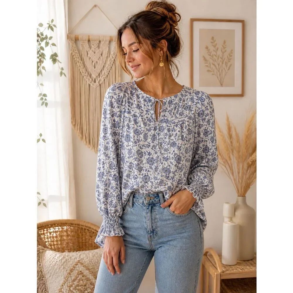 Chic Blue Floral Women's Blouse